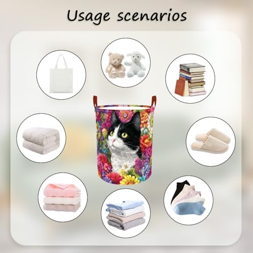 Laundry Basket 15.7x19.7 in Tuxedo Cat Floral Hamper for Bedroo