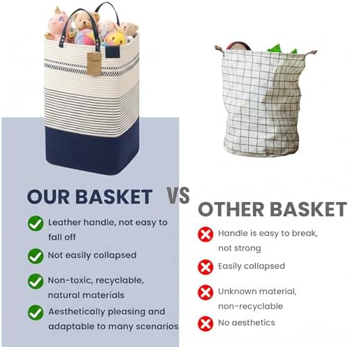 danpinera 75L Woven Laundry Hamper with Long Leather Handles, Baby Laundry Basket for Nursery, Tall Hampers for Bedroom Aesthetic, Decorative Clothes Storage Basket for Family, White & Navy Blue