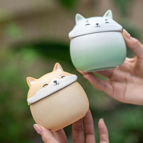 Airtight Tea Container Shiba Inu Ceramic Ornaments, Coarse Pottery Jars, Cute Pet Tea Cans, Moisture-proof Sealed Storage Ceramic Tea Caddy(C)