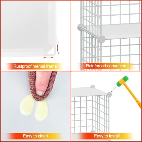HUBSON Wire Cube Storage Organizer, Book/Toy/Craft/Potted Plants and Pet Closet Organizers, 16-Cube Freely Combinable Metal Grid Storage Shelves, White Plus Iron
