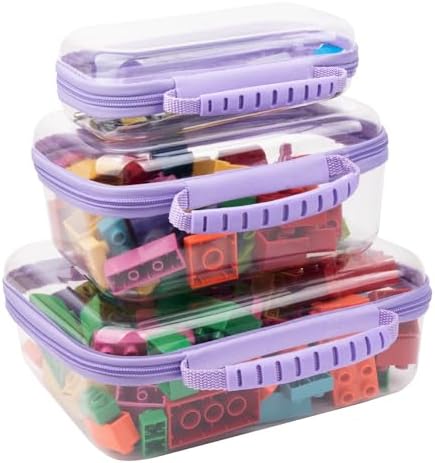 3 PCS Clear Zipper Pouches with Handle, Diaper Bag Organizer, Clear Makeup Bags Hardshell Toy Storage Bins with Zipper Toiletry Pouch Bag for Cosmetics Pencils Puzzles, Building Blocks(Purple)