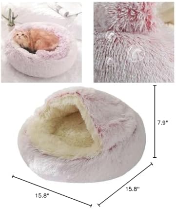 Round Fluffy Hooded Cat Bed Cave, Anti-Anxiety Cave Bed with Blanket | Hooded Cat Bed Cave, Cozy Cuddler Luxury Puppy Pet Bed, Anti-Slip Bottom and Machine Washable