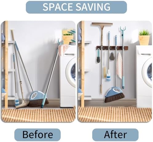 Left Pull Out Broom Holder Wall Mount, Broom and Mop Organizer Wall Hanging for Garage Garden Organize, Rustic Wood Broom Hanger with 4 Slots and 4 Hooks for Home Décor, Kitchen and Closet