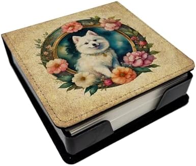 Caroline's Treasures Japanese Spitz and Flowers PU Leather Note Paper Holder with Artist-Designed Cover, Desk Accessory, Office Gift