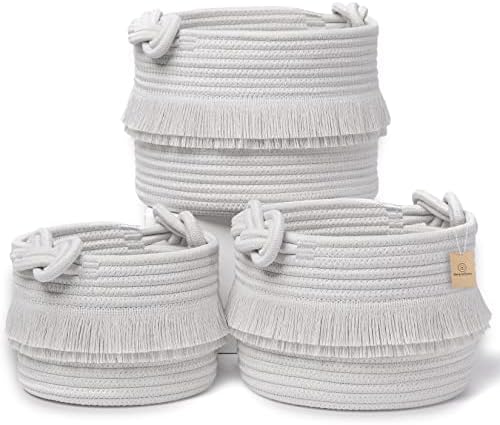 NaturalCozy 3-Piece Decorative Storage Basket Set – Cotton Rope Woven Baskets for Organizing! Small Storage Bins for Nursery Baby Stuff, Gift, Montessori, Dog Toy Bin, Cat Toys, Bathroom Shelves