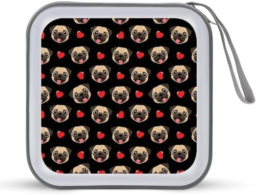 Portable 40-Disc CD Storage Binder Puppy Dog Pugs Gifts Pug Lovers, Hard Case Wallet with Handle, Protective Organizer for Movies Music Travel
