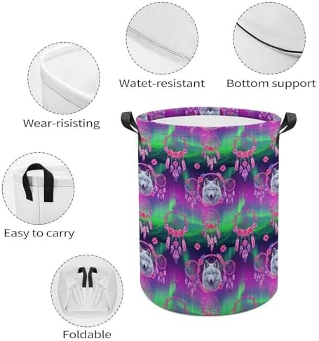 Portable Collapsible Hamper Flower Dream Catcher Boho Wolf, Waterproof Laundry Basket with Handles for Bedroom, Bathroom, and Toy Storage