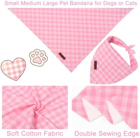 Pink Checkered Dog Bandana, Spring Summer Pink Plaid Puppy Bandana for Girl Female Dogs, Soft Cotton Pet Triangle Bid Scarf Kerchief for Girl Boy Dogs or Cats
