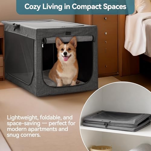 PETSFIT Portable Dog Crate for Small Dogs, – 24" Soft Dog Travel Crates with Lockable Zippers & Thicken Mat, Adjustable Patented Spiral Steel Frame, Collapsible Kennel for Indoor & Outdoor