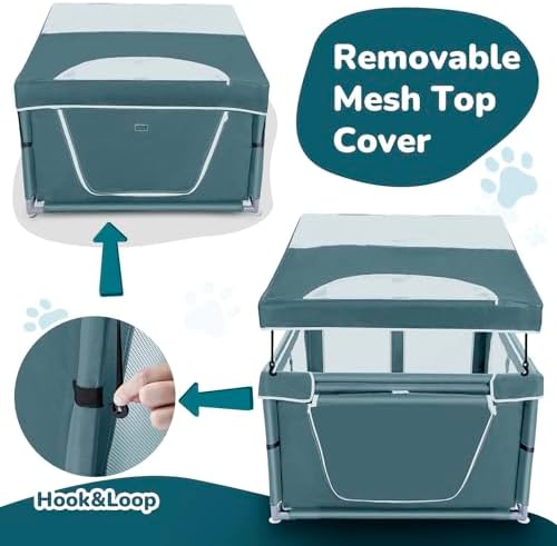 Dog Kitten Playpen with Cover, 42x42 x25.5 Puppy Playpen for Small Pet with See-Through Topper Proof, Green