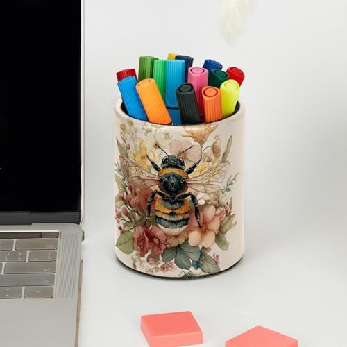 Faux Leather Pen Holder for Desk, Pencil Organizer Bee Pen Cup Desk Decor Makeup Brush Holder Storage for Office Home
