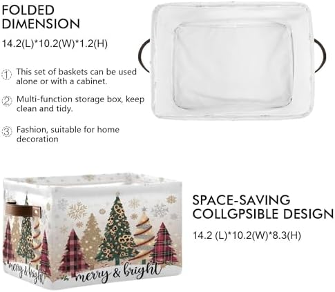 Christmas Tree Golden Leopard Storage Basket with Waterproof Liner and PU Handles Winter Cheetah Snowflake Storage Boxes 14.2" Collapsible Decorative Organizer Baskets for Bedroom Closet Office 2 Pack