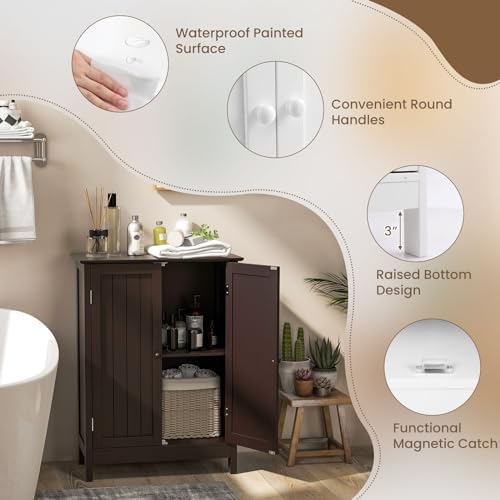 COSTWAY Bathroom Storage Cabinet, Freestanding Bathroom Organizers and Storage with Doors & Adjustable Shelf, Wooden Floor Cabinet for Home, Living Room, Entryway, Kitchen (Brown) | Storage with Doors & Adjustable Shelf, Wooden Floor Cabinet for Home, ...
