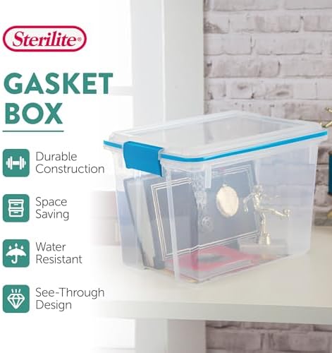 Sterilite Gasket Storage Box with Lids for Home & Office, 20 Quart, 6-Pack. | Heavy-Duty, Stackable, and Organizing Containers for Bathroom, Cabinet, Closet, and Garage, Clear and Blue Aquarium Latches
