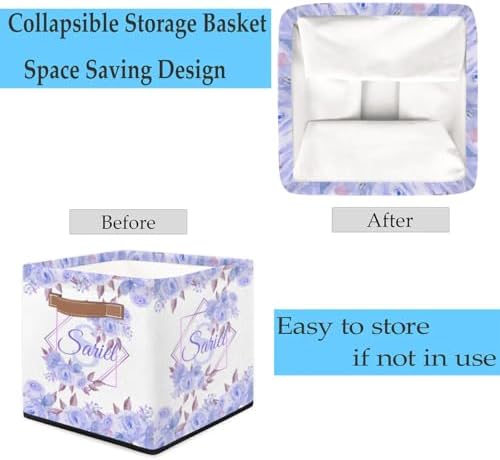 Personalized Storage-Baskets for Organizing,Foldable Storage-Bins with Handles Custom Cute Basket for Boys,Girls,Pet,Clothes,Blanket,Bedroom Nursery Toy Storage Gift,13 x13 x13 In, Floral Purple