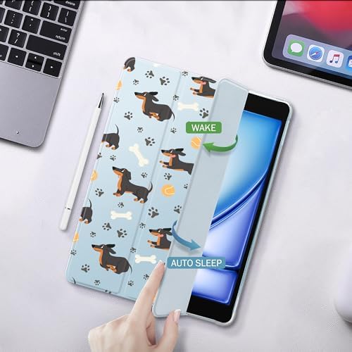 Cute Dachshund Case for 11" iPad Pro(2024), Clear TPU Smart Stand Back Cover with Pencil Holder, Auto Wake/Sleep Foldable Shockproof Protective Case