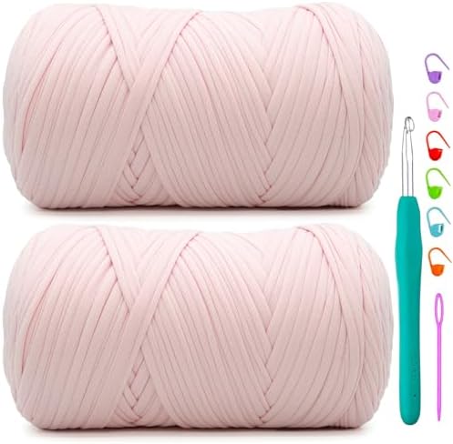 2 Pack Tshirt Yarn for Crochet,Light Pink T Shirt Soft Elastic Fabric Chunky Thick T-Shirt Crochet Yarn for Crocheting Knitting Beginner Hand Knitting Bag/DIY Craft/Home Decor 2 * 400G-Light Pink