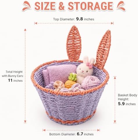 Bunny Boho Decor Storage Basket,Handmade Paper Rope Basket,Large | 100% Handmade Decor Bin,2 Color Blocking,Create An Organized Life,for Toilet Paper,Living Room,Table,Bedside,Pet Organizing