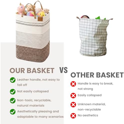 danpinera 100L Nursery Hamper, Tall Woven Laundry Basket with Long Leather Handles, Boho Laundry Hamper for Living Room, Eco-friendly & Convenient Decorative Storage Basket, White & Dark Brown