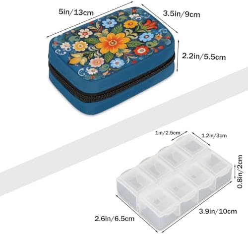 Pill Organizer Box Flowers Floral Tile 7-Day Weekly Medicine Pill Case Travel Pill Container Portable Pill Holder Storage Purse Bag Small Compact Size for Vitamin Supplement Birth Control