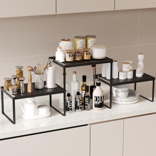 Kitchen Counter Oganizer Stackable Cabinet Organizer Shelf Riser, Spice Rack for Countertop, Pantry Organizers and Storage, Heavy Duty Kitchen Counter Shelves for Seasonings,Bowls (3 Pack, Black)