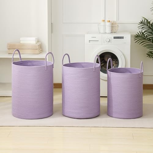 Laundry Basket Hamper Tall Rope Storage Woven for Blanket Toys Dirty Clothes in Living Room Bathroom Bedroom Purple 60L/15.8Gal