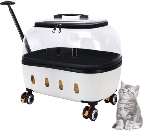 Portable Pet Carrier with Wheels, 360°Clear Window Pet Trolley Case with Ventilation Holes, Portable Breathable for Travel/Hiking/Outdoor/Walking Off-White