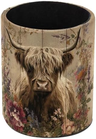 Faux Leather Pen Holder for Desk, Pencil Organizer Highland Cow Pen Cup Desk Decor Makeup Brush Holder Storage for Office Home