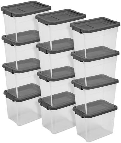 Sterilite Modular Stacker Box with Latching Lid, 30 Quart, 12-Pack | Clear Plastic Storage Bins - Stackable Organizing Container Boxes for Closet, Bathroom, and Office