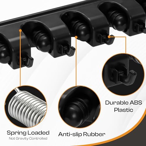 ABS Plastic Broom Holder Wall Mount, 5 Slots & 6 Hooks | Waterproof organizer for mops, brooms, rakes and tools, wall mount with screws for garage, laundry and garden