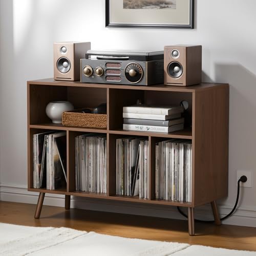 Cozy Castle Record Player Stand with Vinyl Storage Cabinet, Wood Turntable Table Open Shelf Holder Up to 350 Albums Cube Storage Organizer for Living Room, Office, Brown