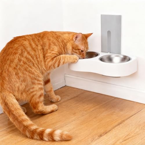 Wall Mounted Dog Bowls, Raised Cat Double Stainless Steel Bowl, Elevated Food and Water Bowls Feeder Station with Durable Design, Ideal for Small Pets & Kitten Feeding (Grey White)
