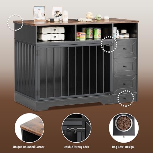 IDEALHOUSE 48'' Dog Crate Furniture with Bowl & Storage Drawers, Farmhouse Heavy Duty Dog Kennel Table for Small Medium Dogs, Indoor Wooden Dog Cage for Living Room, Entryway, Black