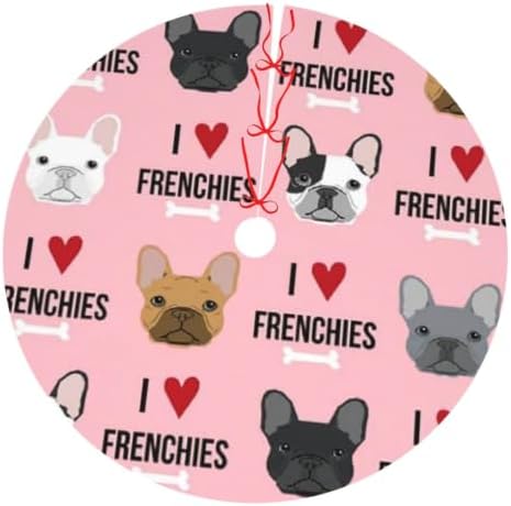 Christmas Tree Skirt, Soft Polyester Xmas Tree Skirts with Ribbon Ties, Rustic Farmhouse Holiday Party Decorations I Love Frenchies French Dog Design 30"