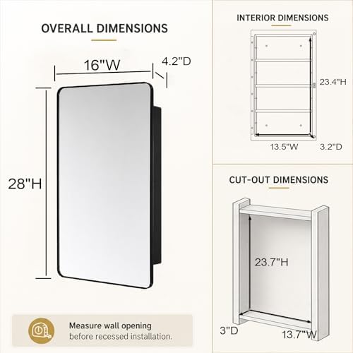 Plastic Black Medicine Cabinet 16x28 Beveled Mirror, Recessed/Surface Mount | Black Round-Corner Metal-Framed Beveled Mirror Door with Reversible Opening; Pre-Assembled for Recessed Or Surface Mounting