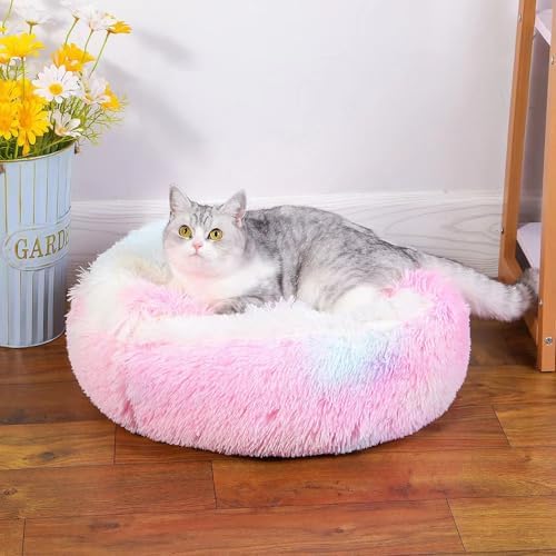 Round Fluffy Hooded Cat Bed Cave, Anti-Anxiety Cave Bed with Blanket | Hooded Cat Bed Cave, Cozy Cuddler Luxury Puppy Pet Bed, Anti-Slip Bottom and Machine Washable