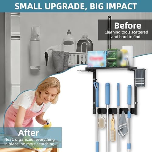 Wall Mount Broom Mop Holder | Cleaning Organizer, Storage Shelf