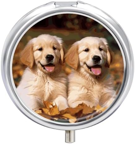 Golden Retriever Dogs Puppies Pets Pill Organizer with Mirror 3 Compartments Waterproof Pill Case for Purse Pocket Non-slip Grip Travel Medicine Organizer Container Box for Vitamin Fish Oil Supplement