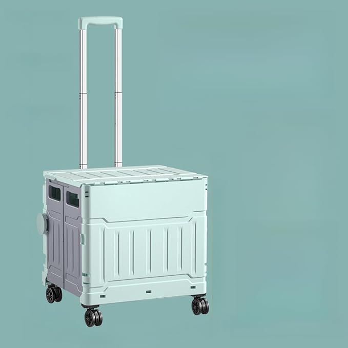 Collapsible Shopping Box Trolley on Wheels with Lid,75L Large Capacity Folding Portable Rolling Crate Handcart with Telescopic Handle for Camping (Green,Upgraded Large)