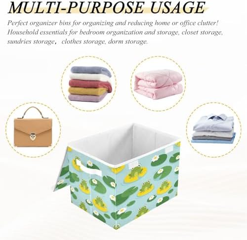Storage Bins with Lids Frogs on Lily Pads Foldable Storage Boxes with Handles Cute Large Storage Basket Collapsible Organizer Containers for Closet Home Bedroom Office