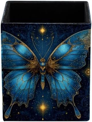 Butterfly and Stars Pen Holder for Desk Decor, Rectangular PVC Leather Pencil Cup for Desk Pen Organizer, Makeup Brush Holder for School, Home, Office