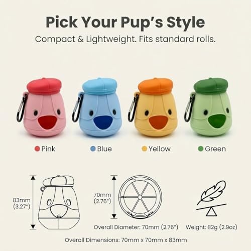 Dog Poop Bag Holder with Hands-Free Used Bag Clip & 1 Roll Bags | Cute silicone design with leash attachment and hands-free clip, making dog walking cleaner and more convenient outdoors