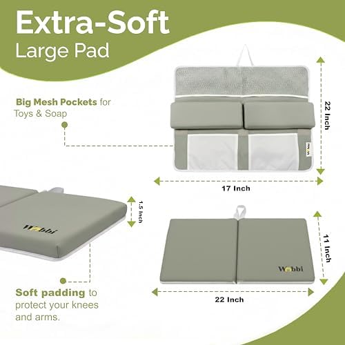 Wobbi Baby Bath Kneeler and Elbow Rest Pad Set | Extra Thick Memory Foam Support for Comfortable Bath Time | Non-Slip Suction Base | 4 Storage Pockets & Quick-Dry Design for Parents | Green