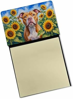 Caroline's Treasures Pit Bull Terrier in Sunflowers Watercolor Sticky Note Holder Refillable Dispenser Desk Accessory 3x3 Pad Gift