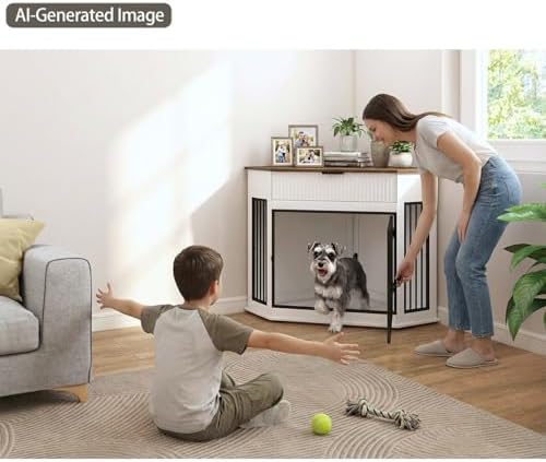 Corner Dog Crate Furniture with Drawer, White, Wood and Metal, TV Stand, Small to Medium Dogs (White + MDF+Steel)