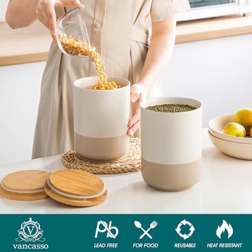 vancasso Sabine Large Ceramic Canister Set with Airtight Wood Lids - 2-Piece Kitchen Food Storage Jars for Flour, Sugar, Coffee & Tea (74 oz Each) - Big Capacity Countertop Jars