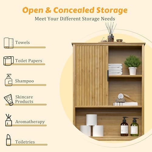 Yardenaler Over The Toilet Storage Cabinet with Fluted Doors, Bathroom Over Toilet Rack with Adjustable Shelf Bamboo FreeStanding Space-Saving Storage Organizer, Natural