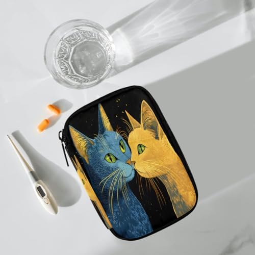 Pill Organizer Box Blue Gold cat 7-Day Weekly Medicine Pill Case Travel Pill Container Portable Pill Holder Storage Purse Bag Small Compact Size for Vitamin Supplement Birth Control