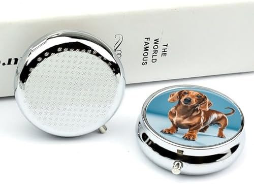Dachshund Weiner Pet Dog Pill Box 3 Compartment Small Pill Case for Purse Or Pocket Mini Metal Pillcase Medicine Organizer, Round Daily Medicine Container to Hold Vitamins, Fish Oil