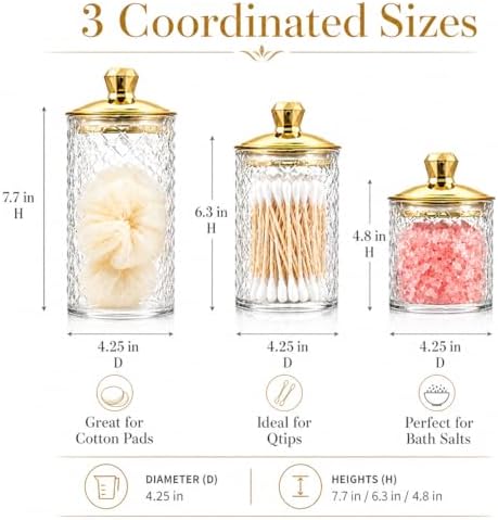 3-Pack Clear Acrylic Diamond-Cut Storage Jars with Gold Lids – Airtight Containers for Kitchen, Bathroom & Home Organization – Versatile Jars for Cotton Pads, Bath Salts & Snacks
